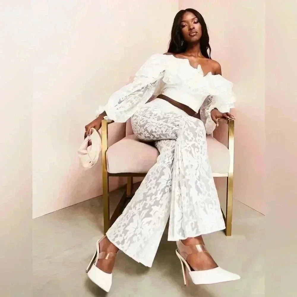 NEW ASOS LUXE White Lace Sheer Pleated Leg Pant NWT Size 4